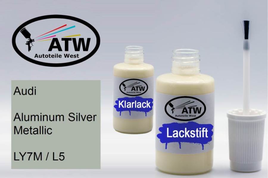 Audi, Aluminum Silver Metallic, LY7M / L5: 20ml Lackstift + 20ml Klarlack - Set, von ATW Autoteile West.